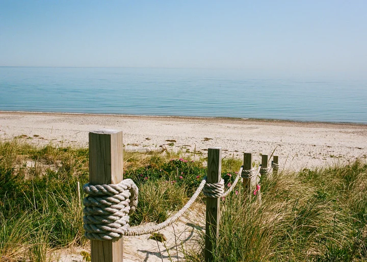 Rope fence posts along a quiet beach